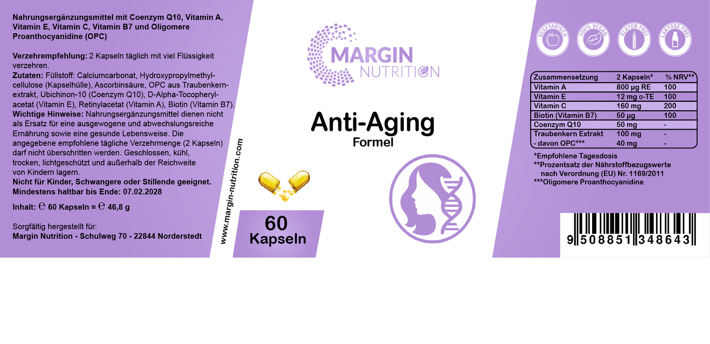 Anti-Aging Formel / Mit Coenzym Q10, Vitamin A, Vitamin E, Vitamin C, Vitamin B7 (Biotin) und Traubenkernextrakt (OPC) (30, 60, 2x60, 3x60 Vegane Kapseln)