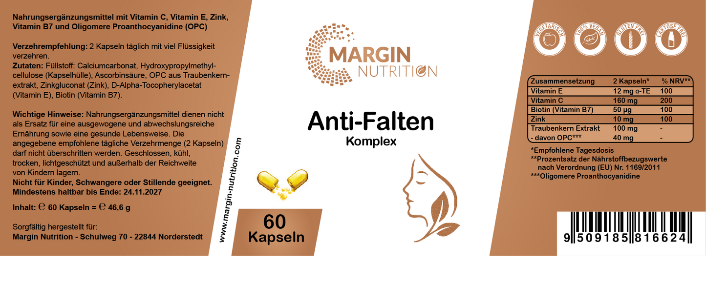 Anti-Falten Komplex / Mit Vitamin C, Vitamin E, Zink, Vitamin B7 (Biotin) und Oligomere Proanthocyanidine (OPC) (30, 60, 2x60, 3x60 Vegane Kapseln)