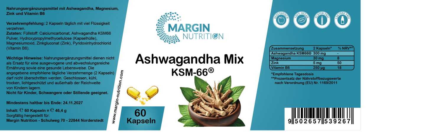 Ashwagandha Mix KSM-66® / Mit Ashwagandha KSM-66®, Magnesium, Zink und Vitamin B6 (30, 60, 2x60, 3x60 Vegane Kapseln)