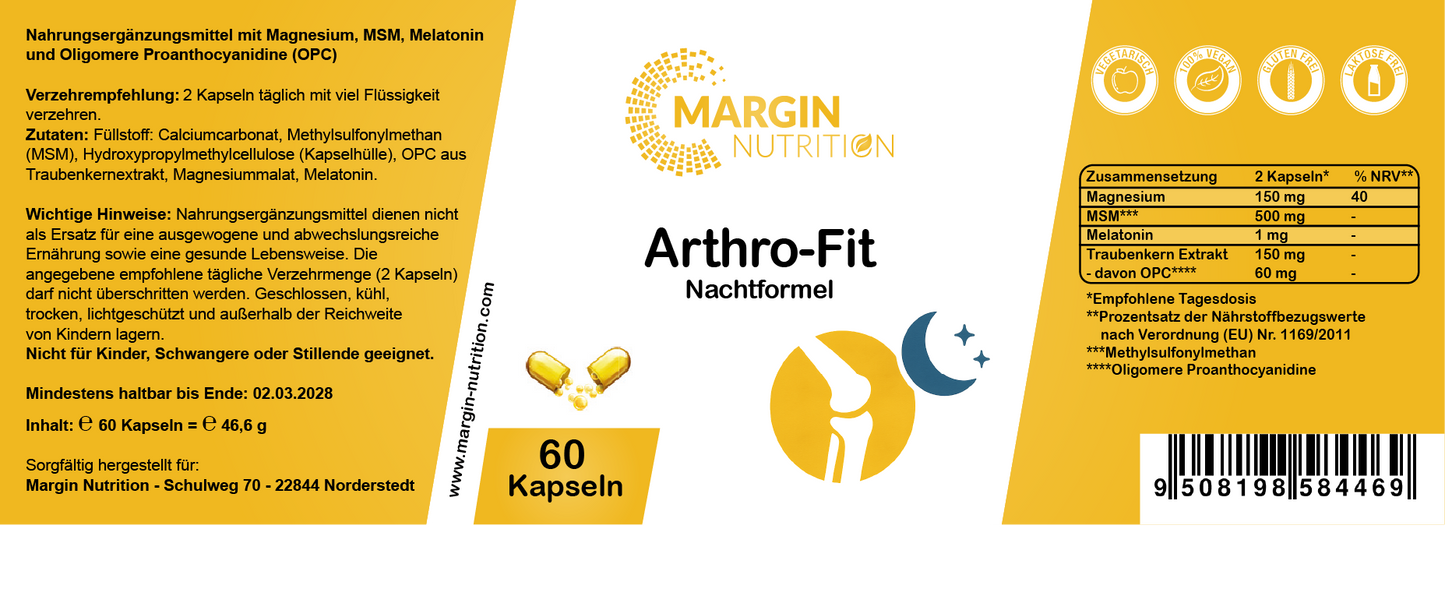 Arthro-Fit Nachtformel / Mit Magnesium, MSM, Melatonin und Oligomere Proanthocyanidine (OPC) (30, 60, 2x60, 3x60 Vegane Kapseln)