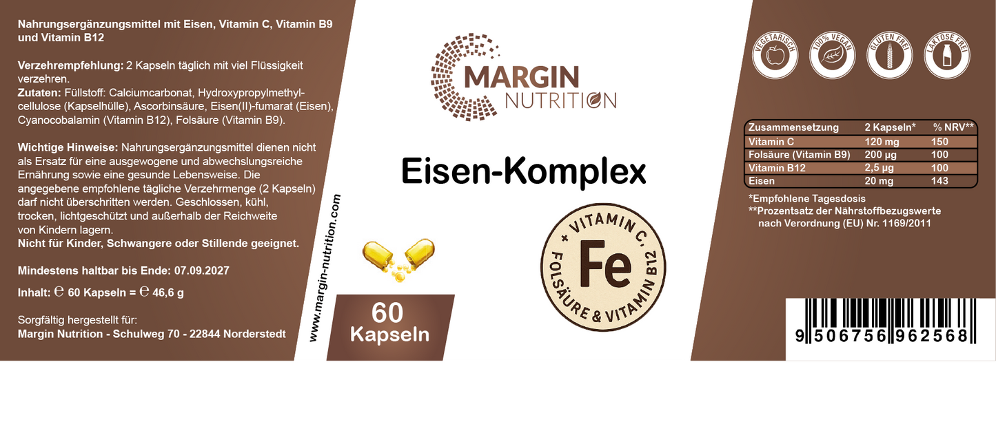 Eisen-Komplex / Mit Eisen, Vitamin C, Vitamin B9 (Folsäure), Vitamin B12 (30, 60, 2x60, 3x60 Vegane Kapseln)
