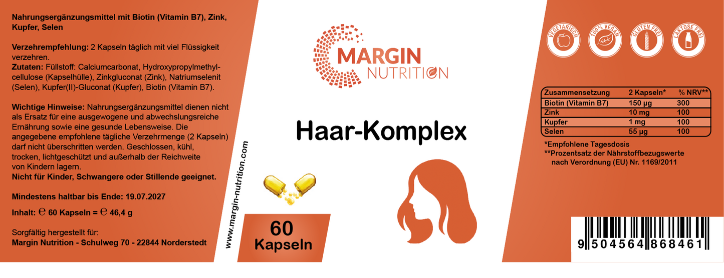 Haar-Komplex / Mit Kupfer, Zink, Selen und Biotin (Vitamin B7) (30, 60, 2x60, 3x60 Vegane Kapseln)