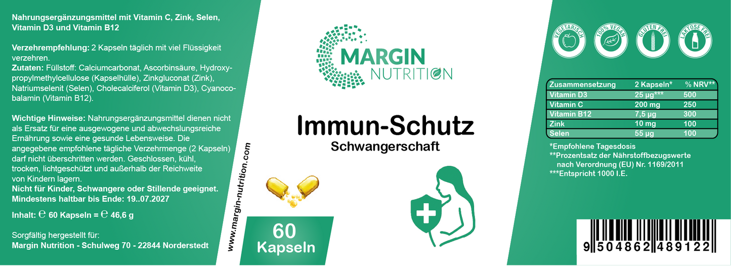 Immun-Schutz Schwangerschaft / Mit Vitamin C, Vitamin D3, Zink, Selen und Vitamin B12 (30, 60, 2x60, 3x60 Vegane Kapseln)