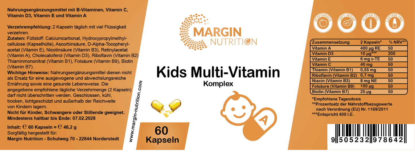 Kids Multivitamin Komplex / Mit Vitamin A, Vitamin D3, Vitamin E, Vitamin C und B-Vitaminen (30, 60, 2x60, 3x60 Vegane Kapseln)