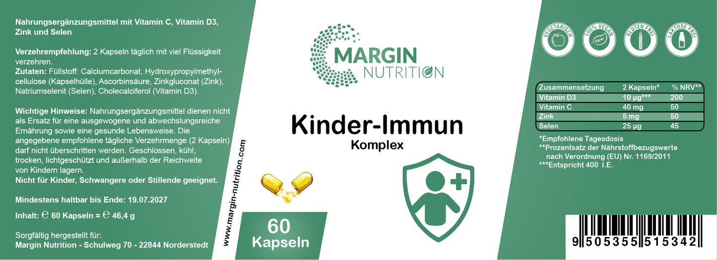 Kinder-Immun Komplex / Mit Vitamin C, Vitamin D3, Zink und Selen (30, 60, 2x60, 3x60 Vegane Kapseln)