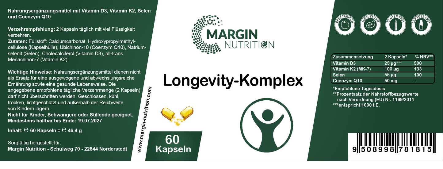 Longevity-Komplex / Mit Vitamin D3, Vitamin K2 MK-7, Coenzym Q10 und Selen (30, 60, 2x60, 3x60 Vegane Kapseln