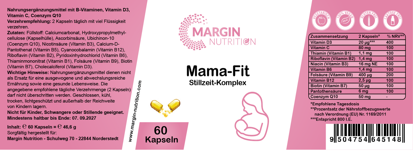 Mama-Fit Stillzeit-Komplex / Mit allen 8 B-Vitaminen, Vitamin C, Vitamin D3 und Coenzym Q10 (30, 60, 2x60, 3x60 Vegane Kapseln)