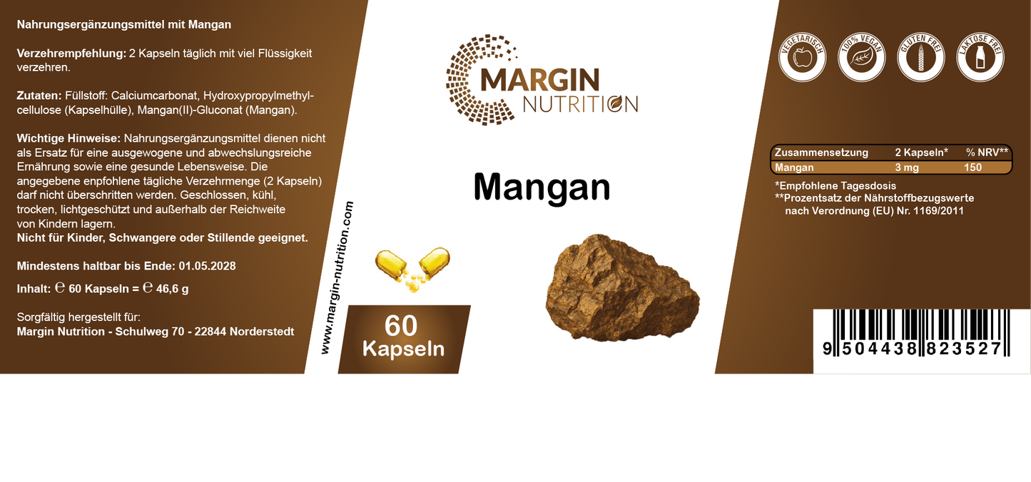 Mangan / Hochdosiert 3 mg pro Tagesdosis (30, 60, 2x60, 3x60 Vegane Kapseln)