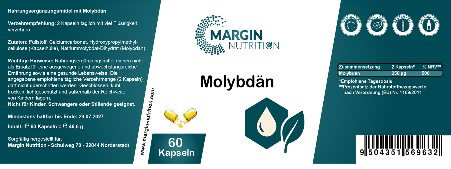 Molybdän / Hochdosiert 250 µg pro Tagesdosis (30, 60, 2x60, 3x60 Vegane Kapseln)