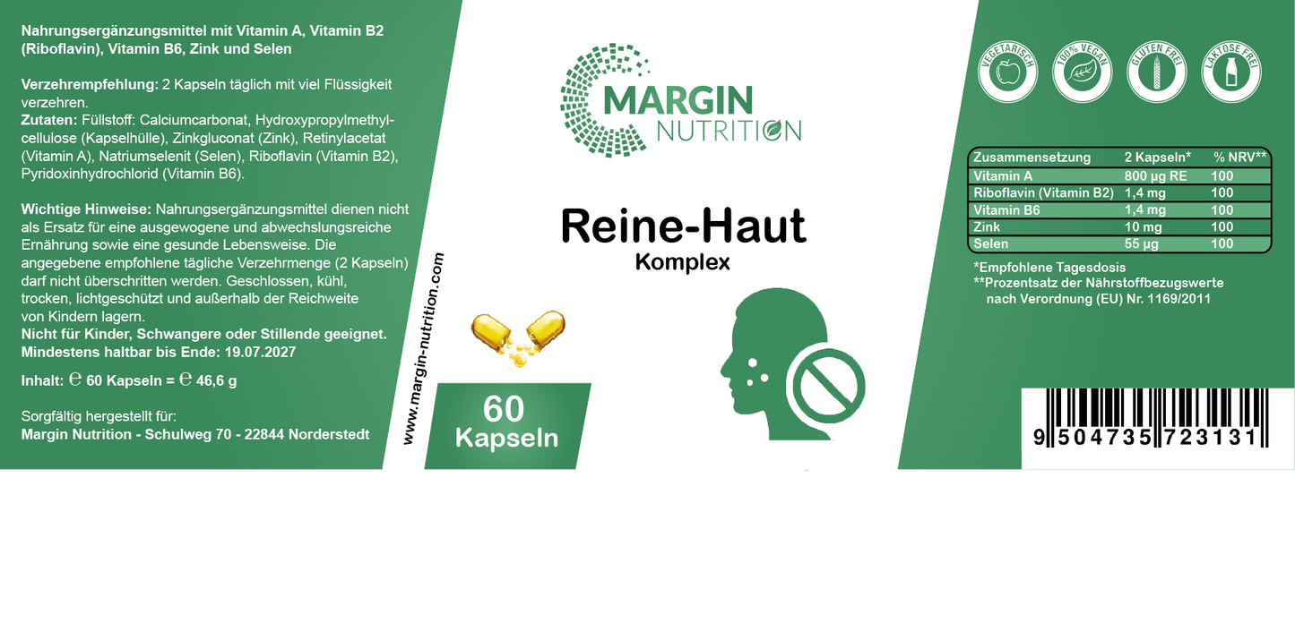 Reine-Haut Komplex / Mit Vitamin A, Vitamin B2 (Riboflavin), Vitamin B6, Zink und Selen (30, 60, 2x60, 3x60 Vegane Kapseln)