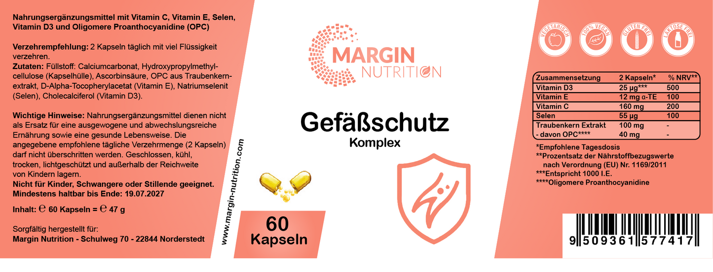 Gefäßschutz Komplex / Mit Vitamin C, Selen, Vitamin E, Vitamin D3 und Oligomere Proanthocyanidine (30, 60, 2x60, 3x60 Vegane Kapseln)