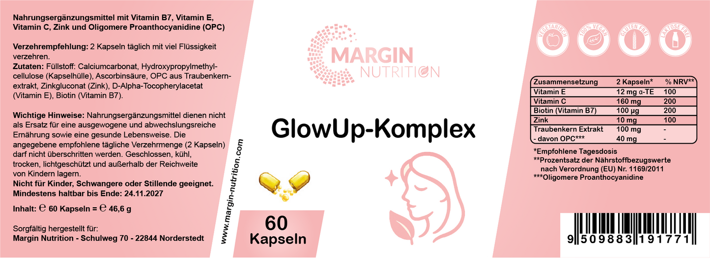 GlowUp-Komplex / Mit Vitamin B7 (Biotin), Vitamin C, Vitamin E, Zink und Oligomere Proanthocyanidine (OPC) (30, 60, 2x60, 3x60 Vegane Kapseln)