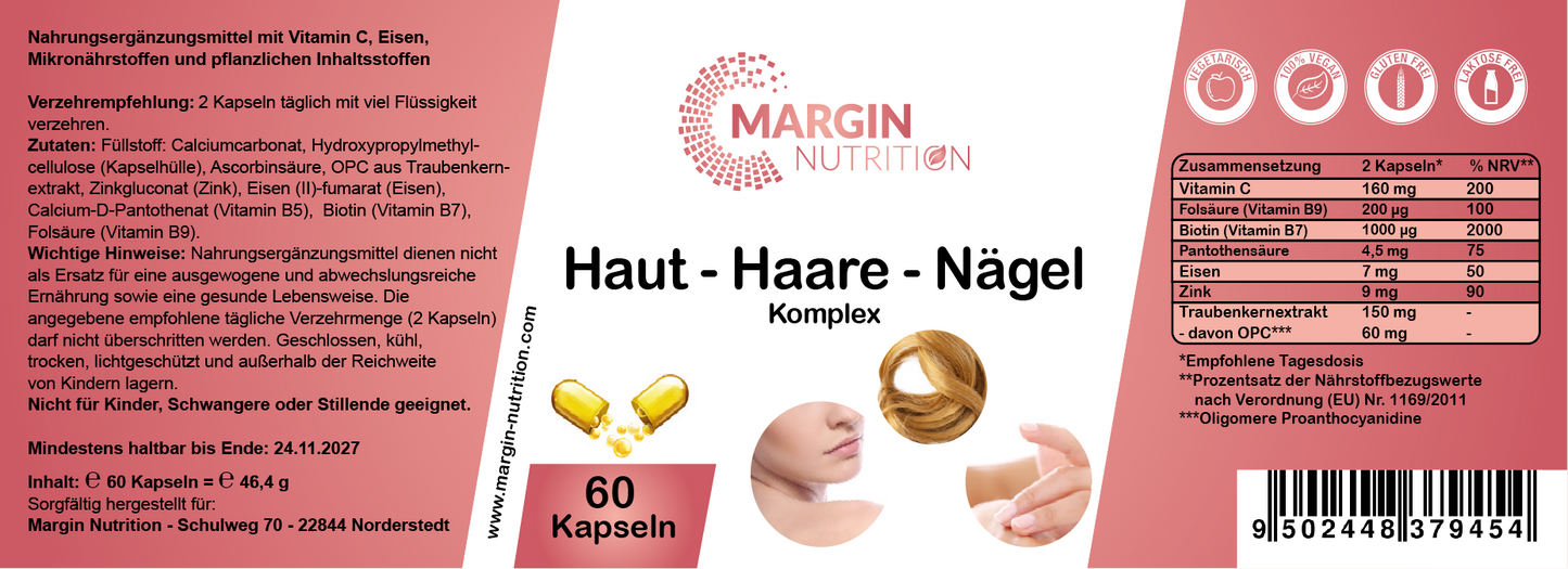 Haut-Haare-Nägel Komplex / Mit Vitamin C, Vitamin B5 (Pantothensäure), Vitamin B7 (Biotin), Vitamin B9 (Folsäure), Zink, Eisen und Traubenkernextrakt (OPC) (30, 60, 2x60, 3x60 Vegane Kapseln)
