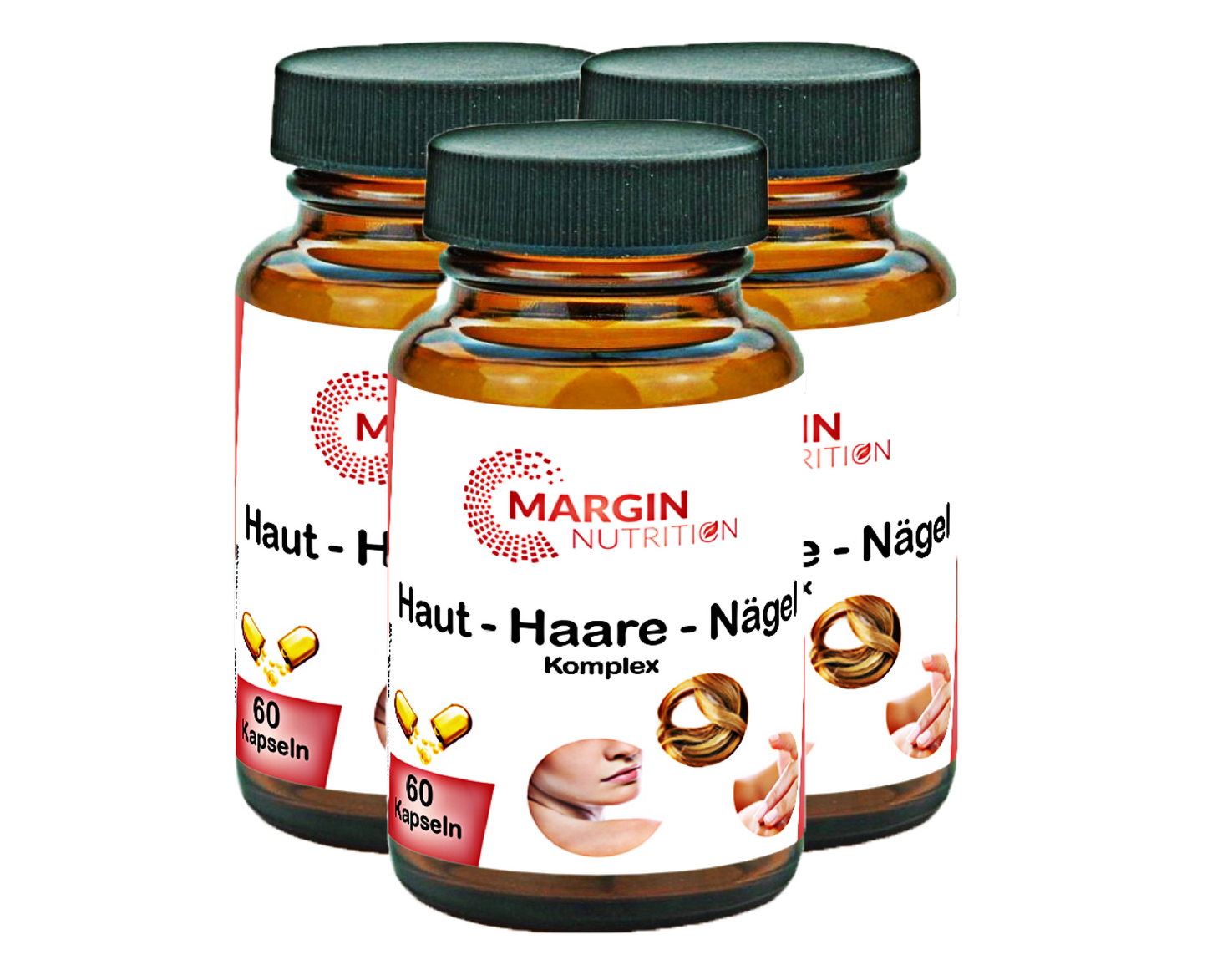 Haut-Haare-Nägel Komplex – Mit Vitamin C, Vitamin B5 (Pantothensäure), Vitamin B7 (Biotin), Vitamin B9 (Folsäure), Zink, Eisen und Traubenkernextrakt (OPC) | 30, 60, 2×60, 3×60 vegane Kapseln