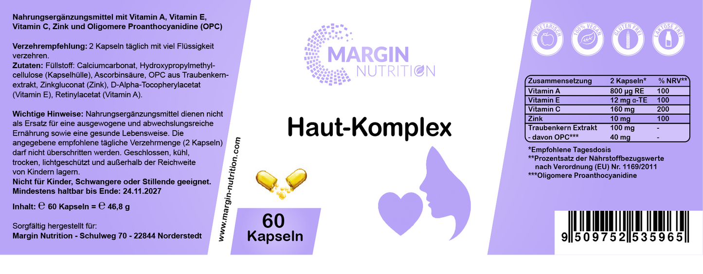 Haut-Komplex / Mit Vitamin A, Vitamin E, Vitamin C, Zink und Oligomere Proanthocyanidine (OPC) (30, 60, 2x60, 3x60 Vegane Kapseln)
