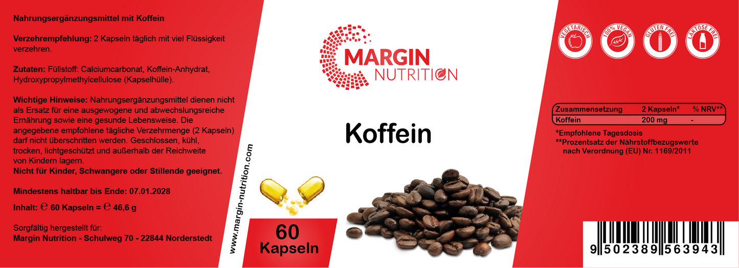 Koffein / Hochdosiert 200 mg pro Tagesdosis (30, 60, 2x60, 3x60 Vegane Kapseln)