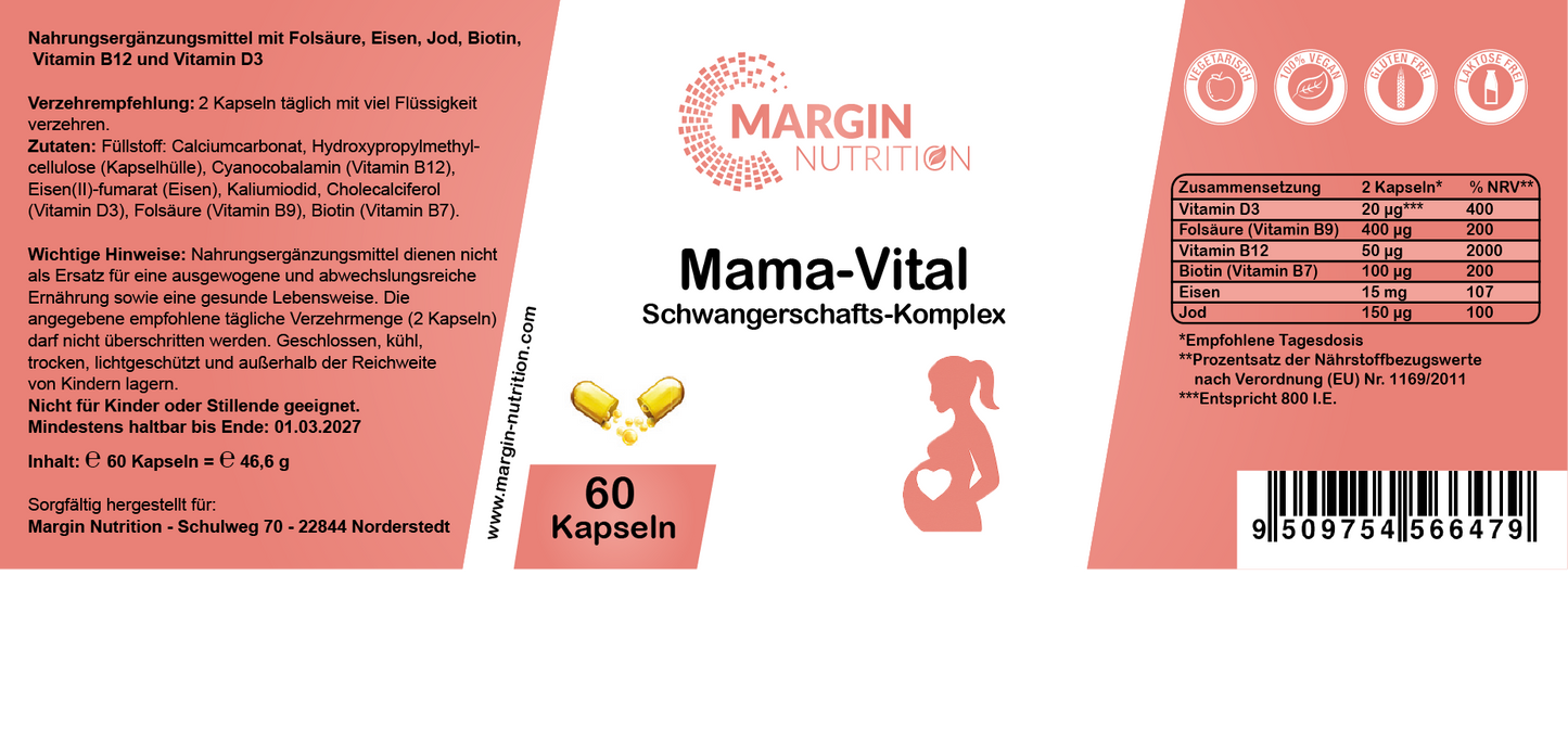 Mama-Vital Schwangerschafts-Komplex / Mit Folsäure, Eisen, Jod, Biotin, Vitamin B12 und Vitamin D3 (30, 60, 2x60, 3x60 Vegane Kapseln)