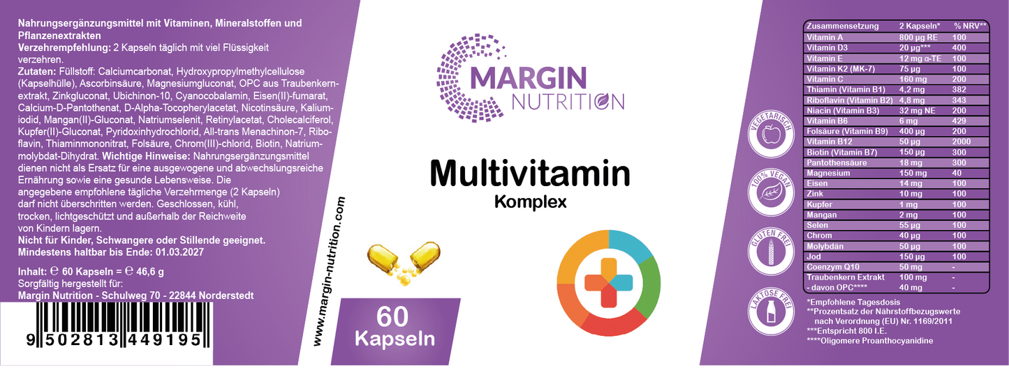 Multivitamin Komplex / Mit Vitaminen, Mineralstoffen und Pflanzenextrakten (30, 60, 2x60, 3x60 Vegane Kapseln)