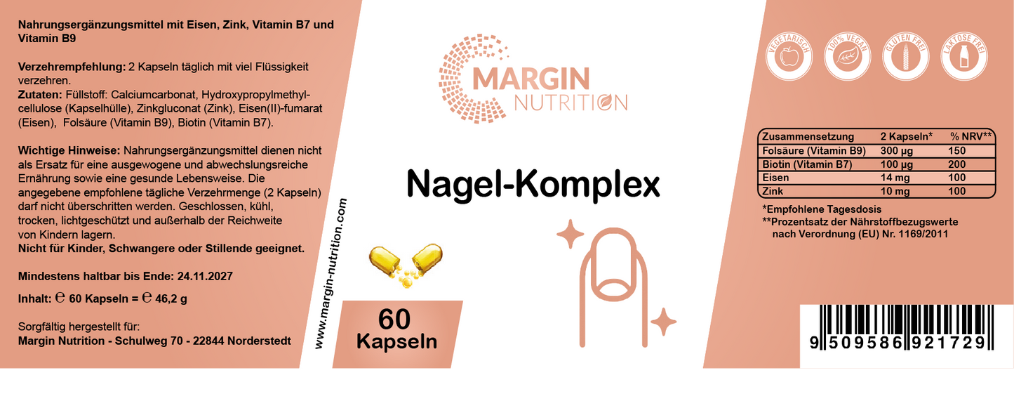 Nagel-Komplex / Mit Eisen, Zink, Vitamin B7 (Biotin) und Vitamin B9 (Folsäure) (30, 60, 2x60, 3x60 Vegane Kapseln)