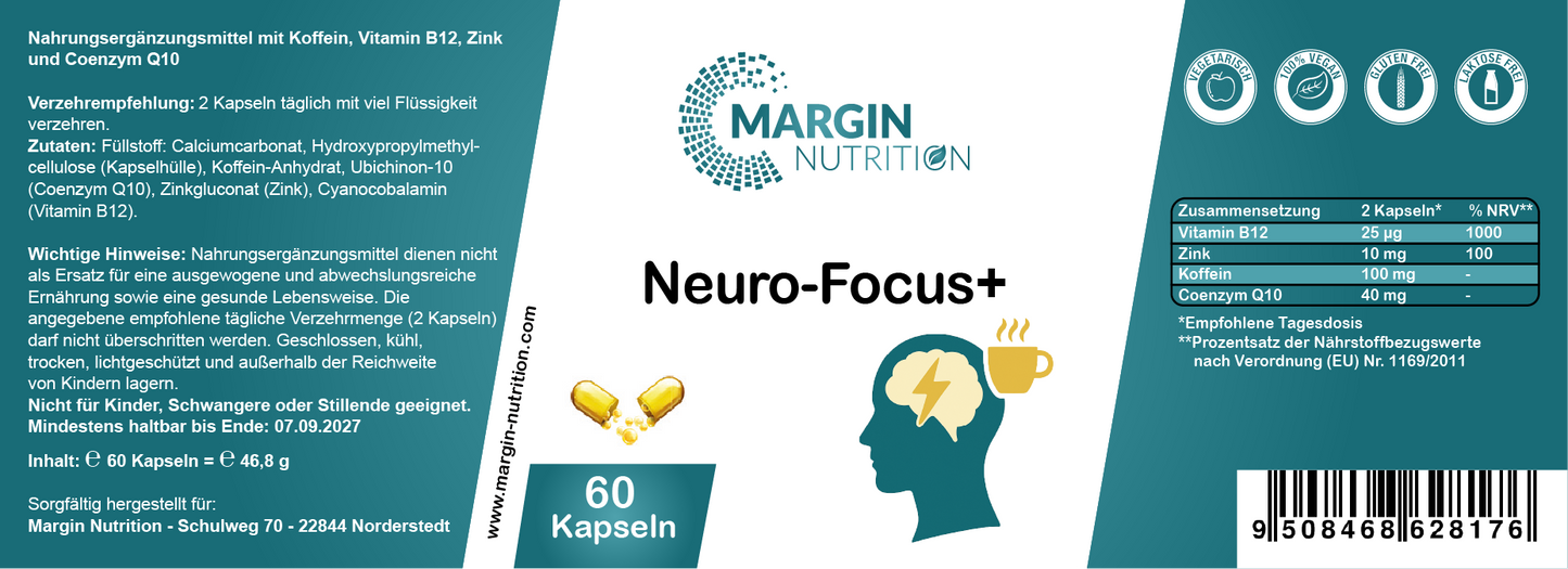 Neuro-Focus+ / Mit Koffein, Vitamin B12, Coenzym Q10 und Zink (30, 60, 2x60, 3x60 Vegane Kapseln)