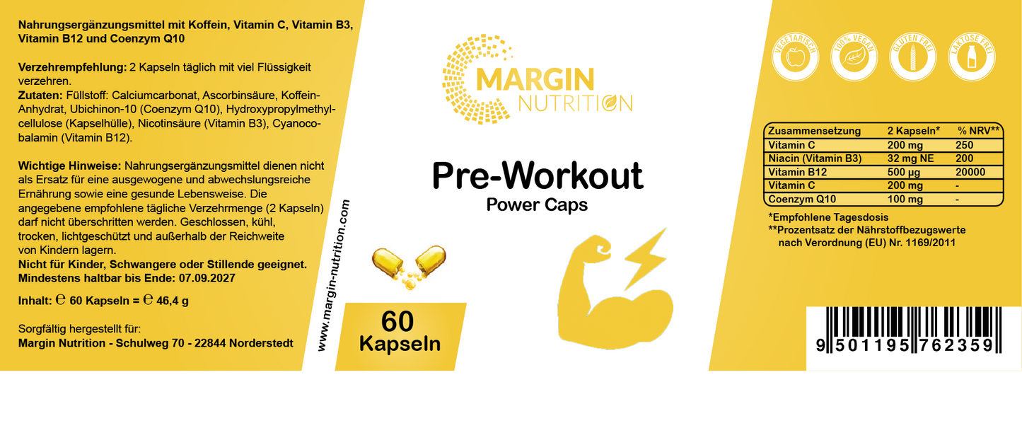 Pre-Workout Power-Caps / Mit Koffein, Vitamin B3 (Niacin), Vitamin B12, Vitamin C und Coenzym Q10 (30, 60, 2x60, 3x60 Vegane Kapseln)