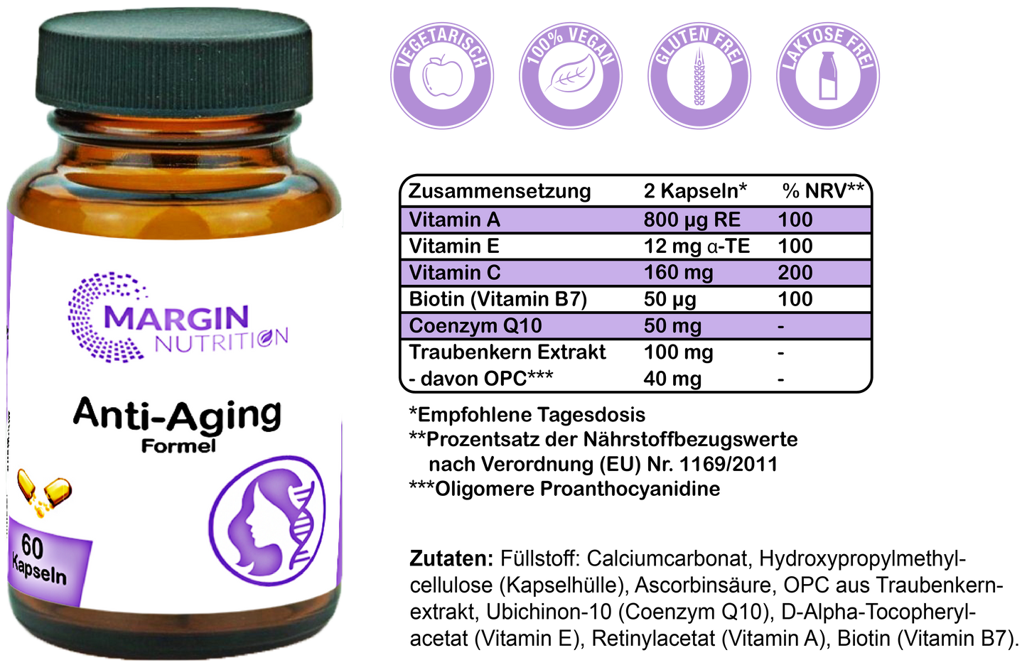 Anti-Aging Formel / Mit Coenzym Q10, Vitamin A, Vitamin E, Vitamin C, Vitamin B7 (Biotin) und Traubenkernextrakt (OPC) (30, 60, 2x60, 3x60 Vegane Kapseln)