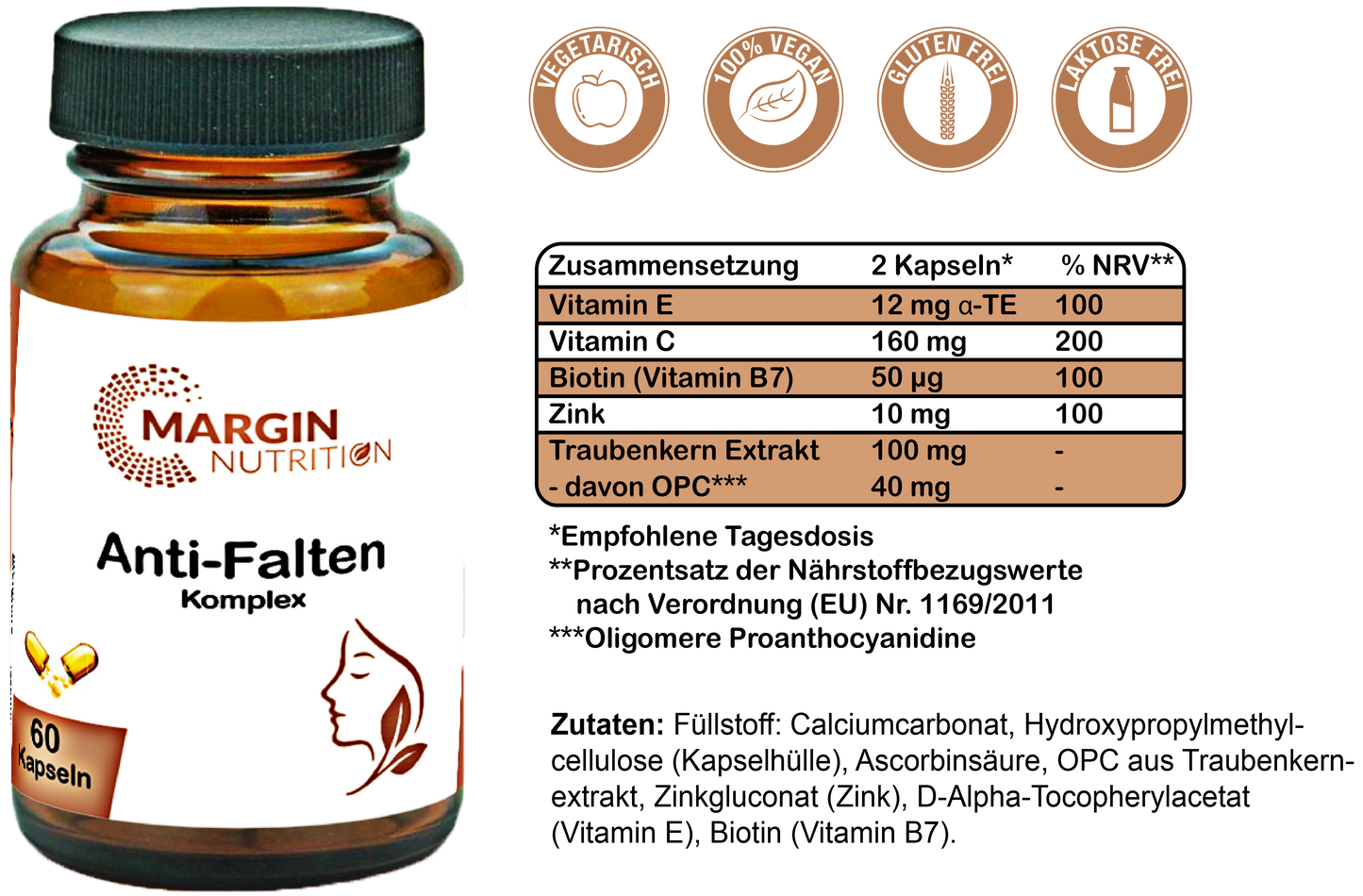 Anti-Falten Komplex / Mit Vitamin C, Vitamin E, Zink, Vitamin B7 (Biotin) und Oligomere Proanthocyanidine (OPC) (30, 60, 2x60, 3x60 Vegane Kapseln)