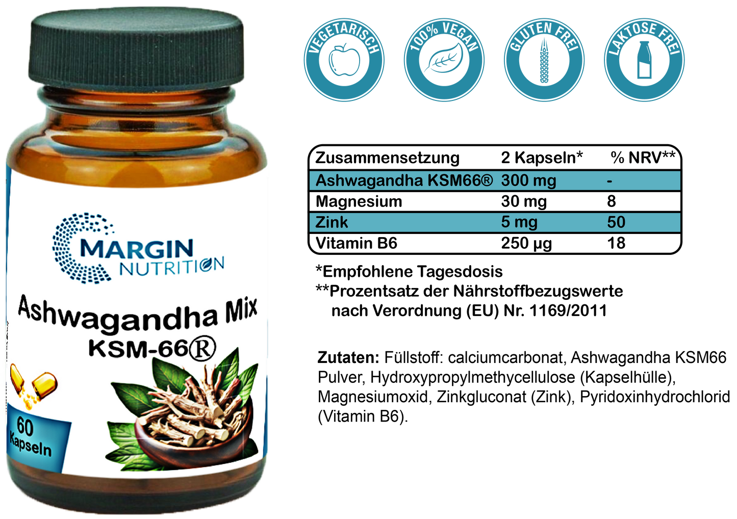 Ashwagandha Mix KSM-66® / Mit Ashwagandha KSM-66®, Magnesium, Zink und Vitamin B6 (30, 60, 2x60, 3x60 Vegane Kapseln)