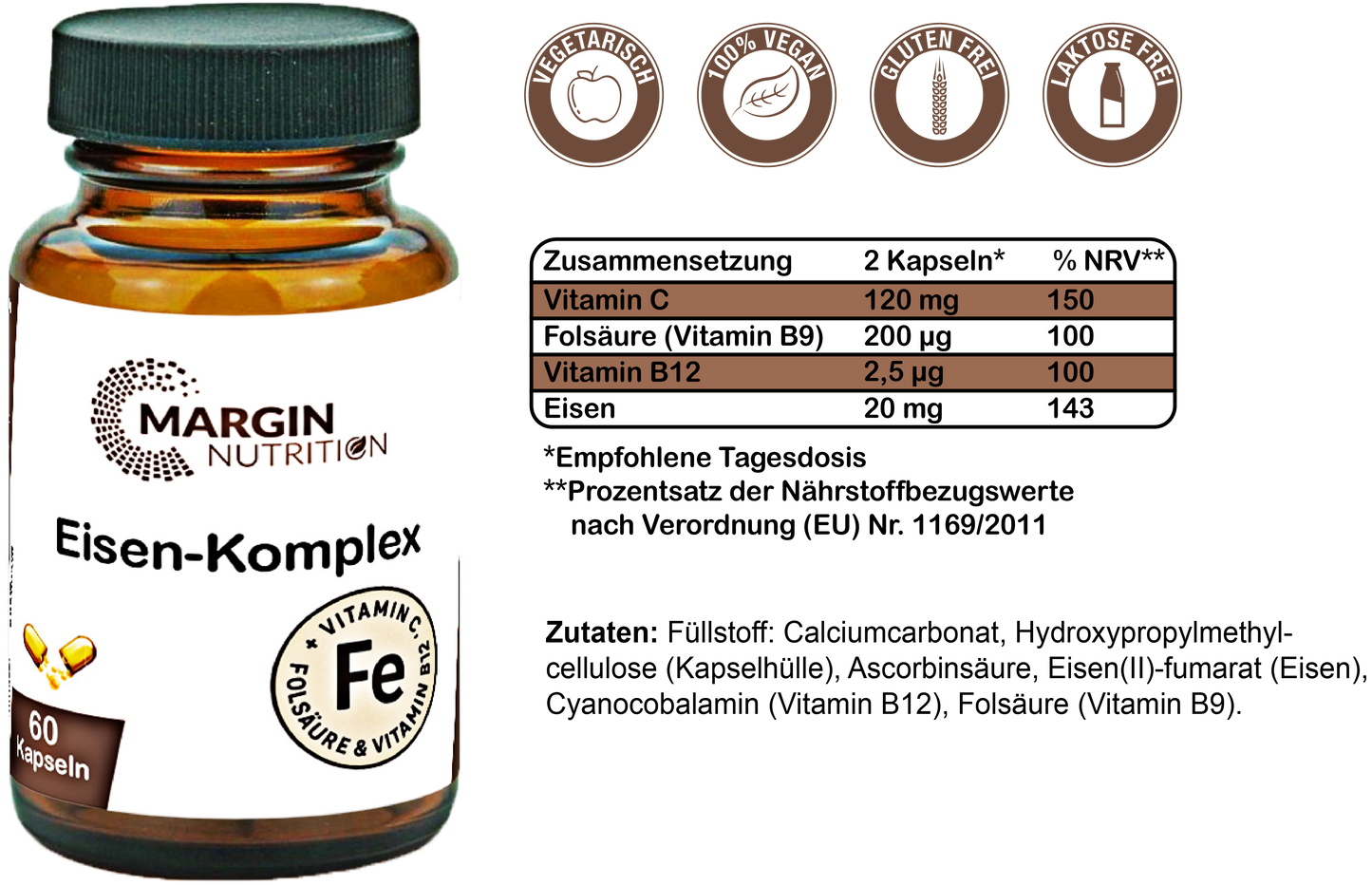 Eisen-Komplex / Mit Eisen, Vitamin C, Vitamin B9 (Folsäure), Vitamin B12 (30, 60, 2x60, 3x60 Vegane Kapseln)