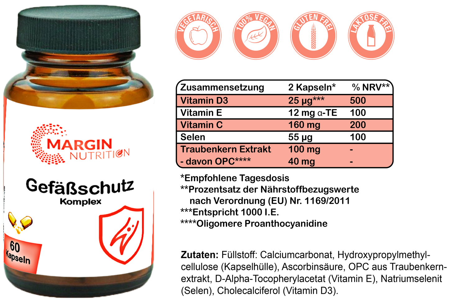 Gefäßschutz Komplex / Mit Vitamin C, Selen, Vitamin E, Vitamin D3 und Oligomere Proanthocyanidine (30, 60, 2x60, 3x60 Vegane Kapseln)
