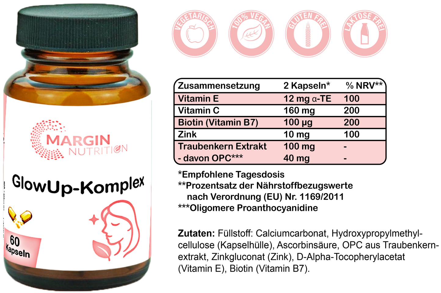 GlowUp-Komplex / Mit Vitamin B7 (Biotin), Vitamin C, Vitamin E, Zink und Oligomere Proanthocyanidine (OPC) (30, 60, 2x60, 3x60 Vegane Kapseln)