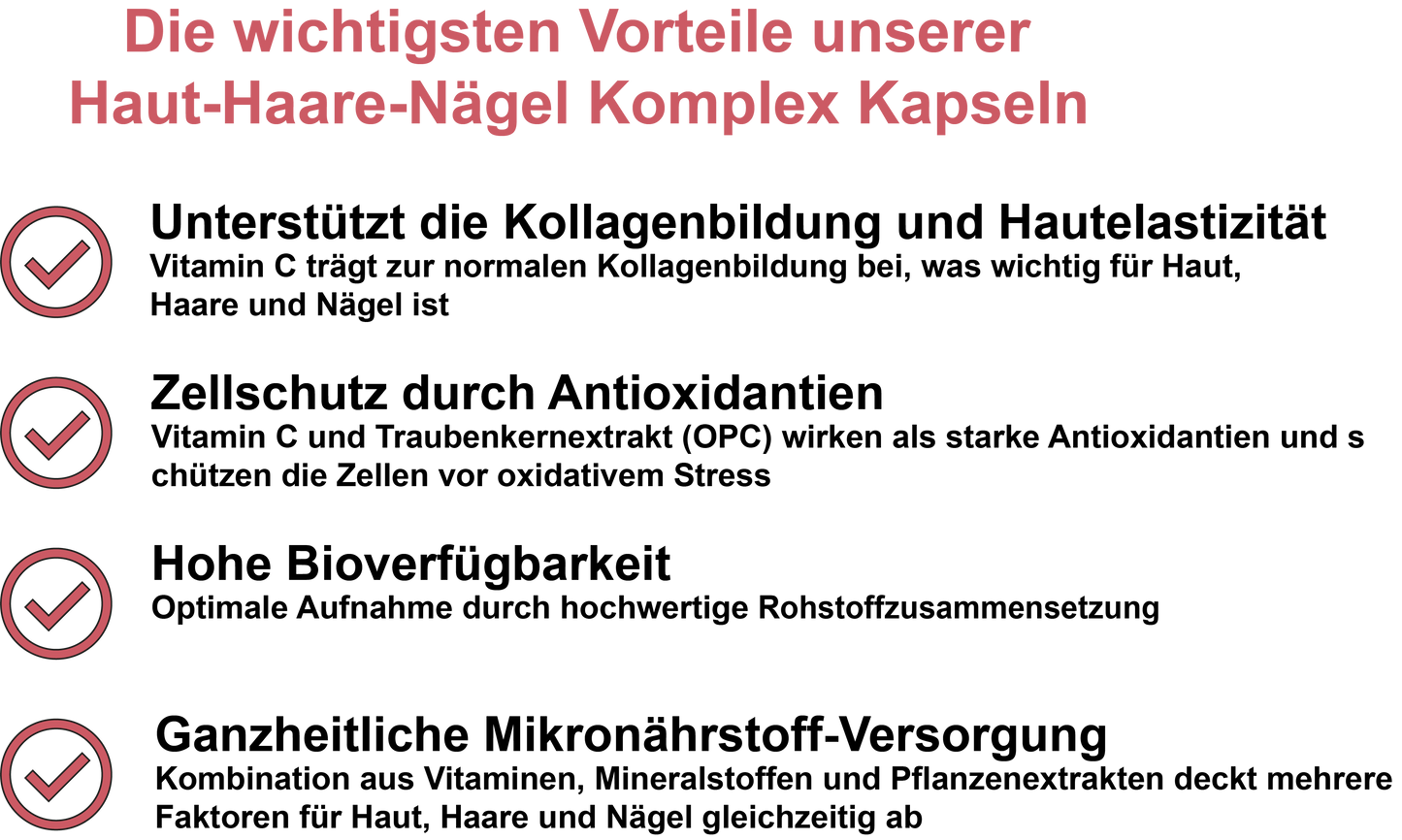 Haut-Haare-Nägel Komplex / Mit Vitamin C, Vitamin B5 (Pantothensäure), Vitamin B7 (Biotin), Vitamin B9 (Folsäure), Zink, Eisen und Traubenkernextrakt (OPC) (30, 60, 2x60, 3x60 Vegane Kapseln)