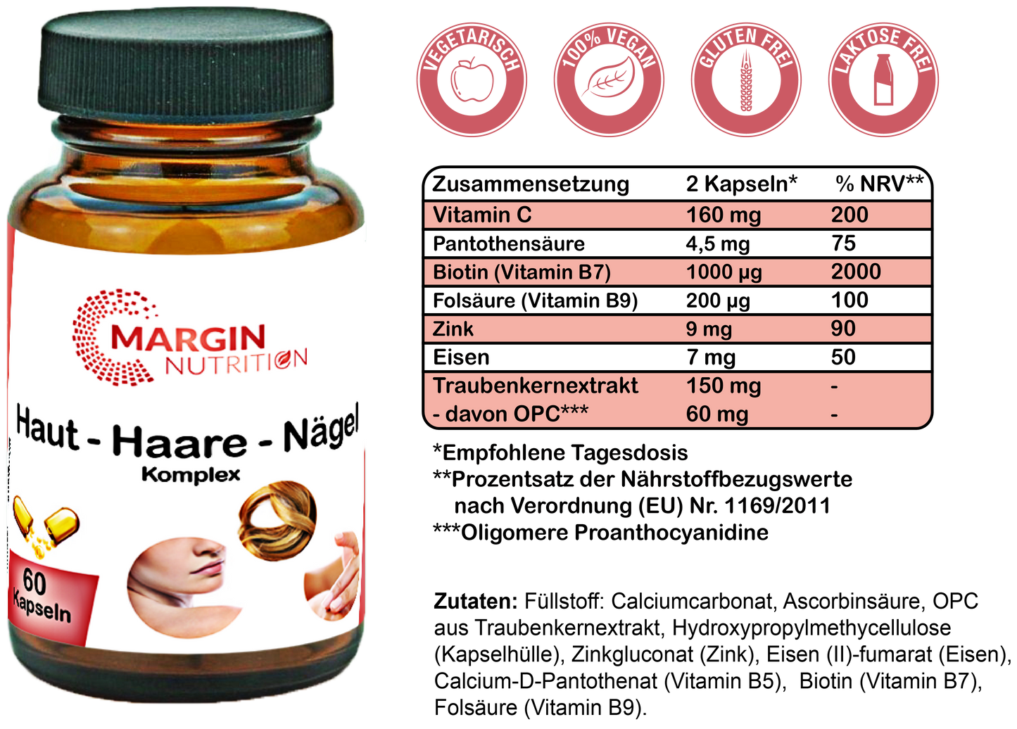 Haut-Haare-Nägel Komplex / Mit Vitamin C, Vitamin B5 (Pantothensäure), Vitamin B7 (Biotin), Vitamin B9 (Folsäure), Zink, Eisen und Traubenkernextrakt (OPC) (30, 60, 2x60, 3x60 Vegane Kapseln)