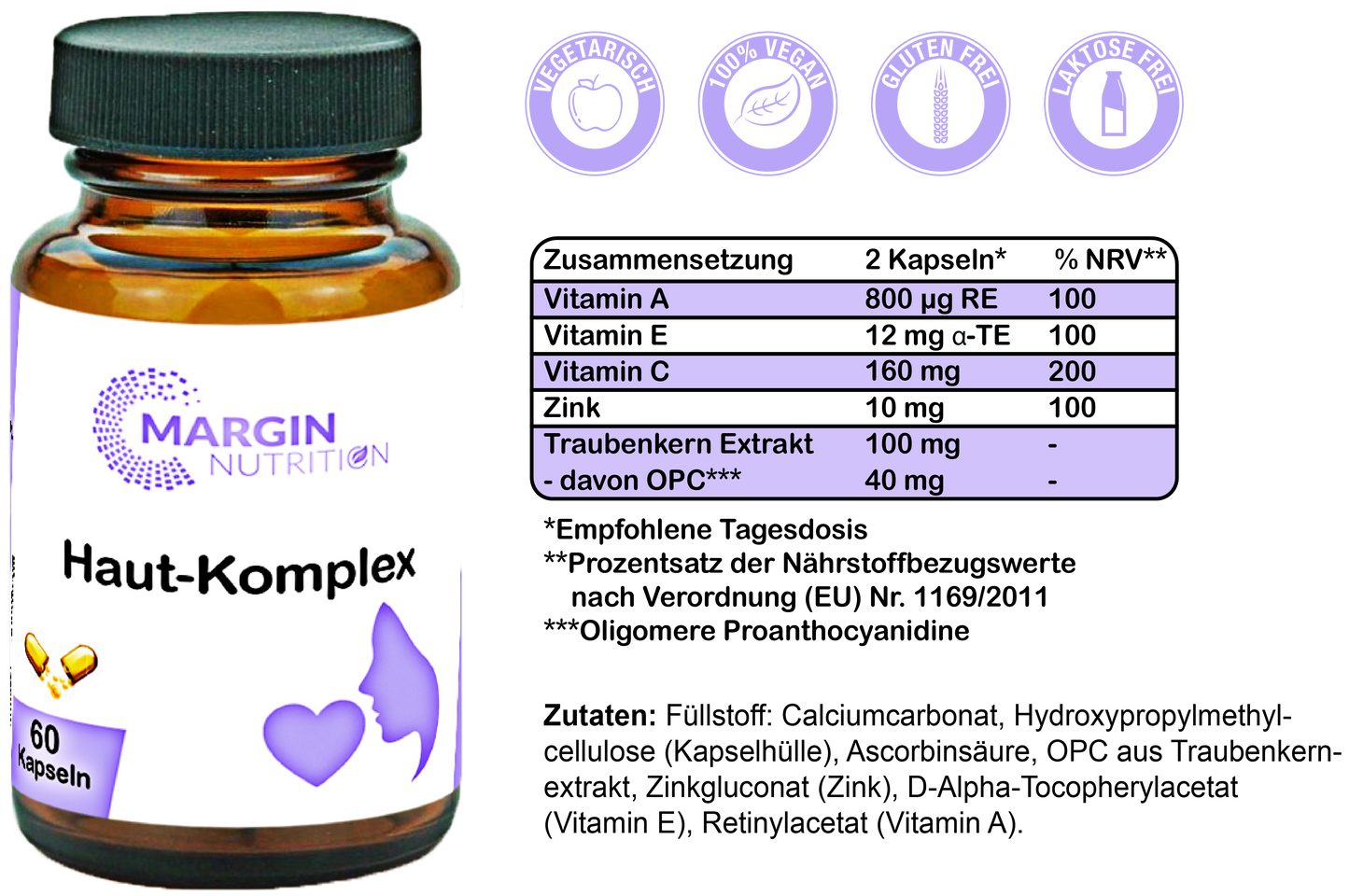 Haut-Komplex / Mit Vitamin A, Vitamin E, Vitamin C, Zink und Oligomere Proanthocyanidine (OPC) (30, 60, 2x60, 3x60 Vegane Kapseln)