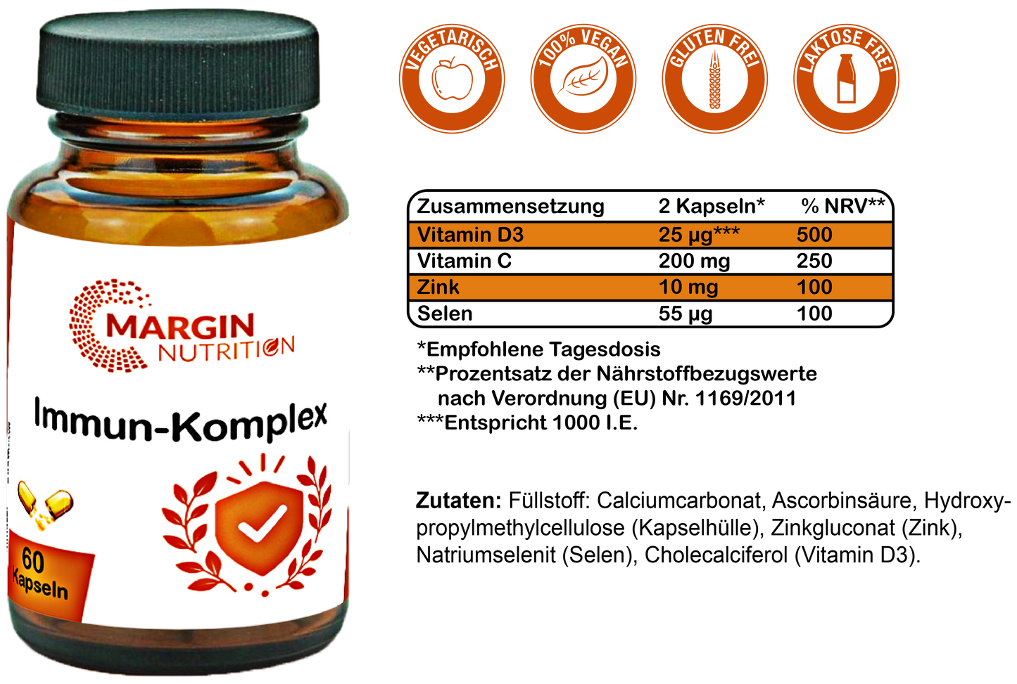 Immun-Komplex / Mit Vitamin C, Vitamin D3, Zink und Selen (30, 60, 2x60, 3x60 Vegane Kapseln)