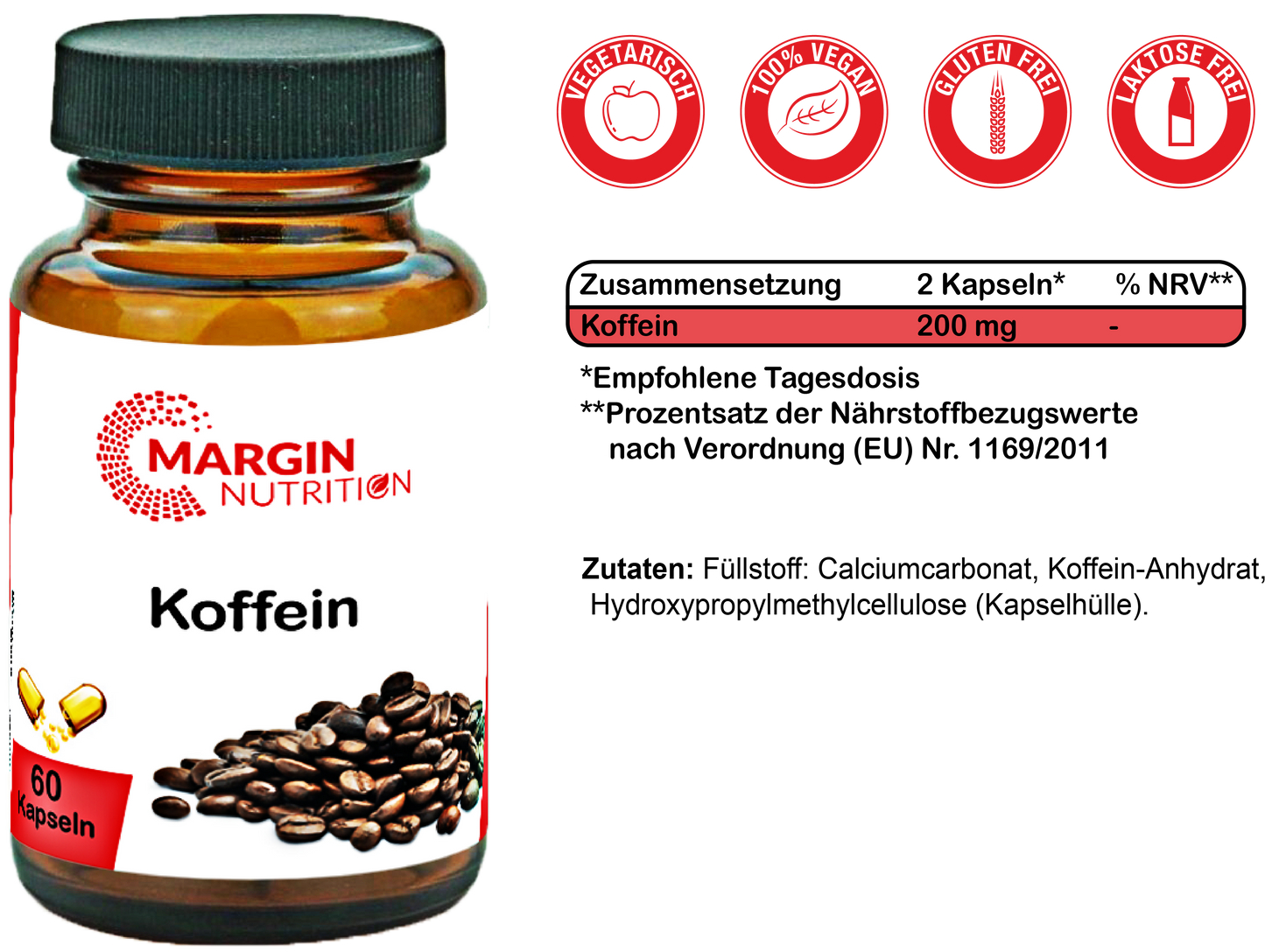 Koffein / Hochdosiert 200 mg pro Tagesdosis (30, 60, 2x60, 3x60 Vegane Kapseln)