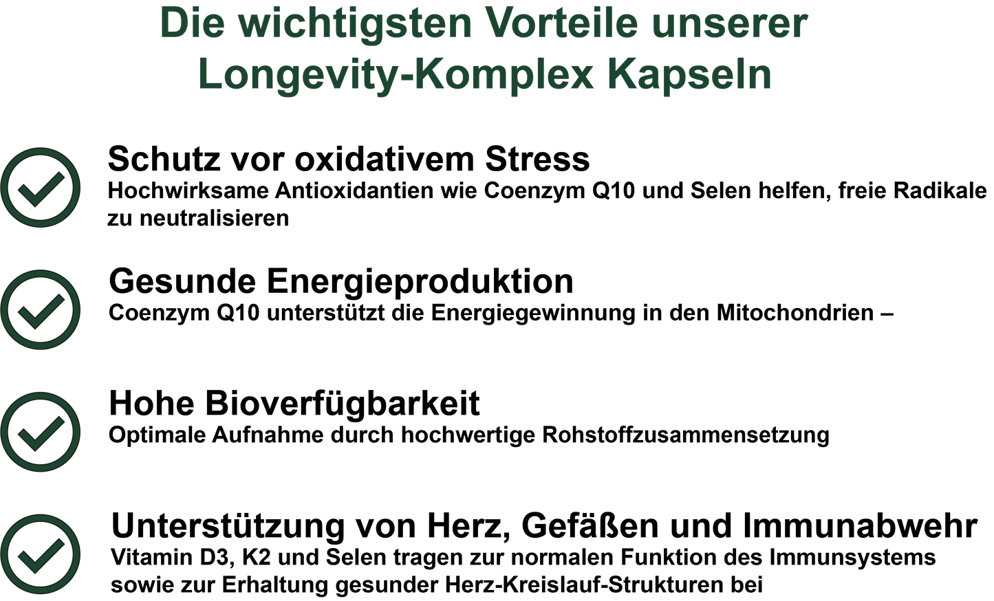 Longevity-Komplex / Mit Vitamin D3, Vitamin K2 MK-7, Coenzym Q10 und Selen (30, 60, 2x60, 3x60 Vegane Kapseln