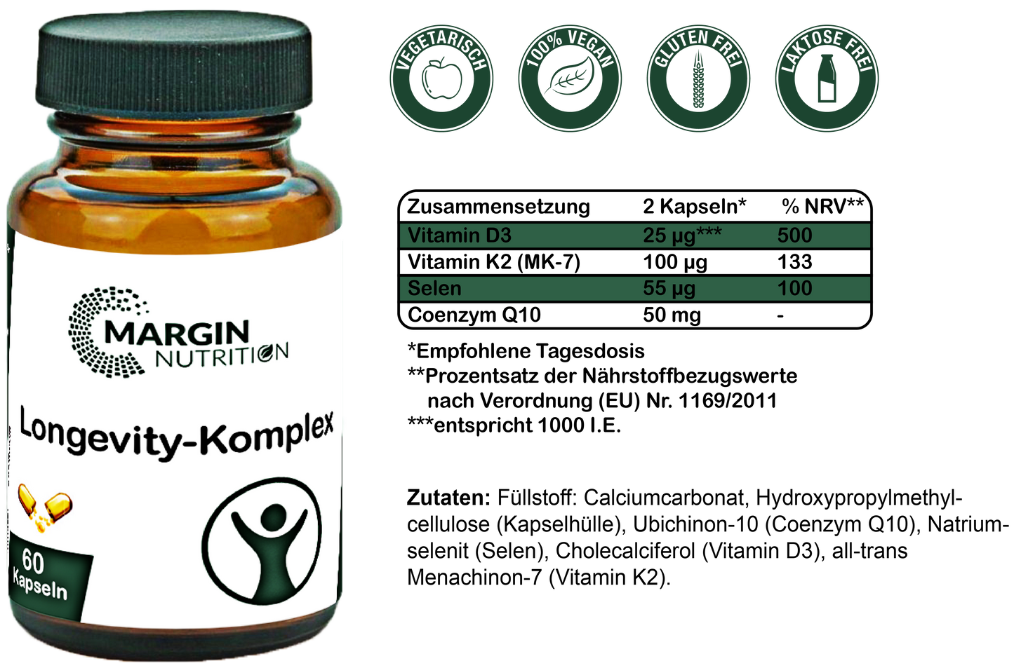Longevity-Komplex / Mit Vitamin D3, Vitamin K2 MK-7, Coenzym Q10 und Selen (30, 60, 2x60, 3x60 Vegane Kapseln