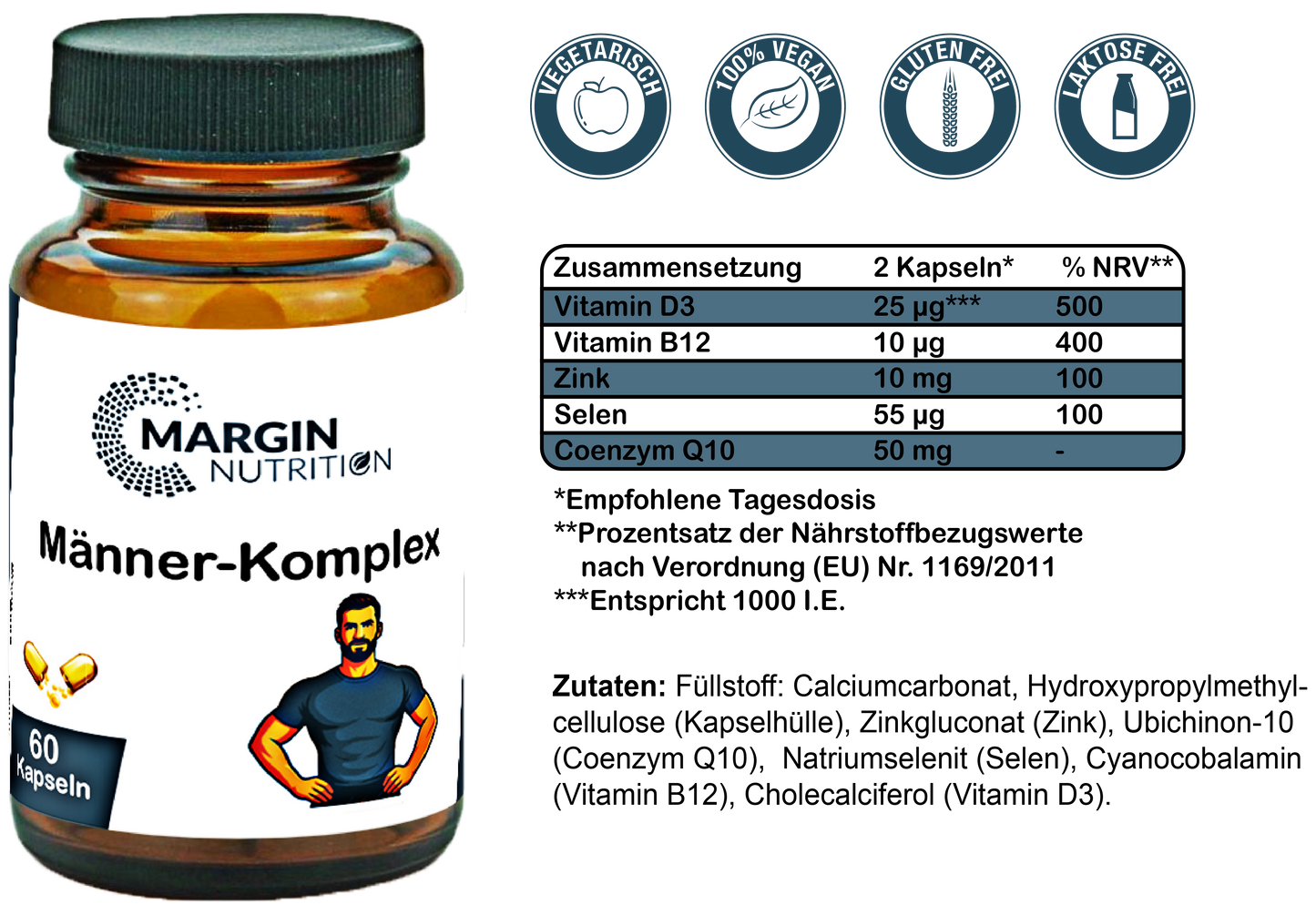 Männer-Komplex / Mit Zink, Selen, Vitamin D3, Vitamin B12 und Coenzym Q10 (30, 60, 2x60, 3x60 Vegane Kapseln)