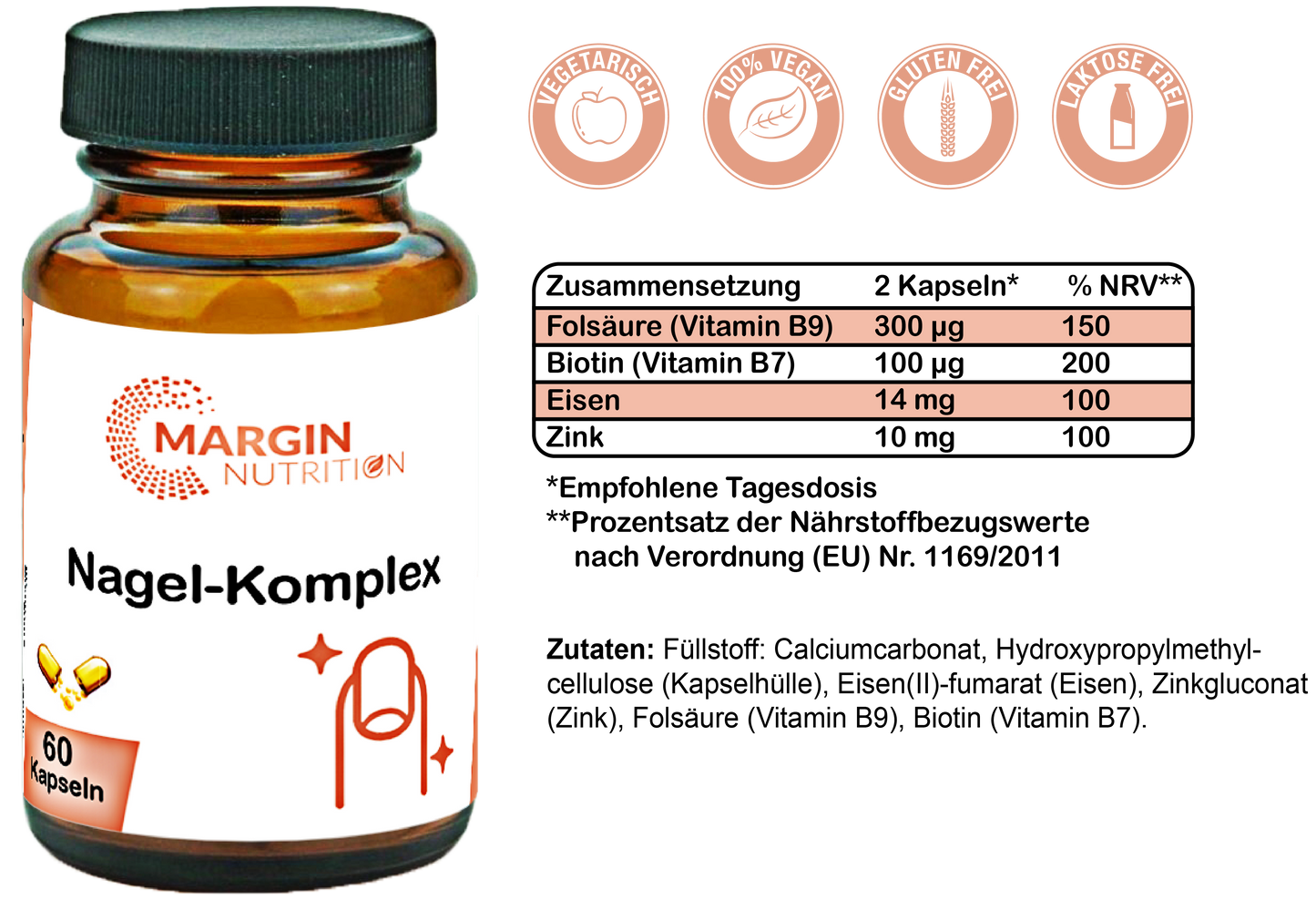 Nagel-Komplex / Mit Eisen, Zink, Vitamin B7 (Biotin) und Vitamin B9 (Folsäure) (30, 60, 2x60, 3x60 Vegane Kapseln)