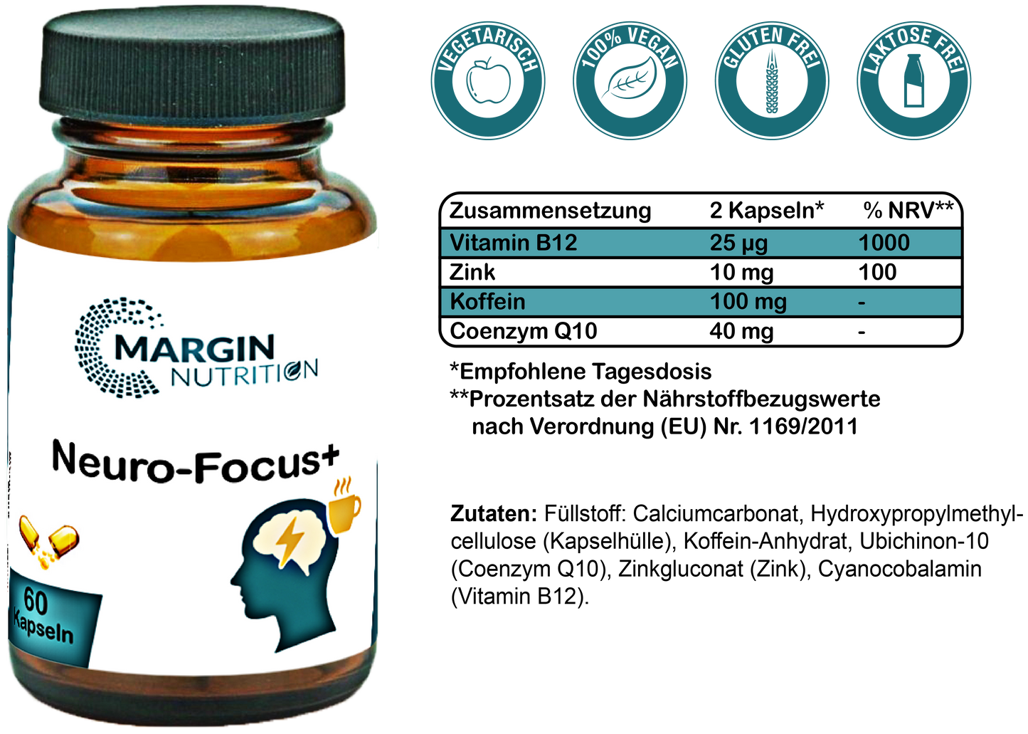 Neuro-Focus+ / Mit Koffein, Vitamin B12, Coenzym Q10 und Zink (30, 60, 2x60, 3x60 Vegane Kapseln)