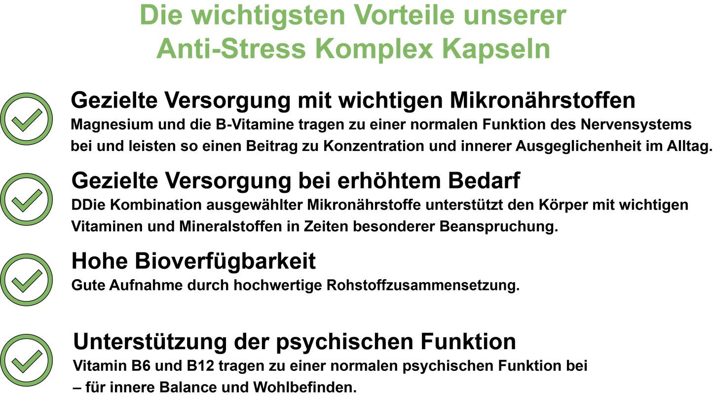 Anti-Stress Komplex / Mit Vitamin B12, Magnesium, Ashwagandha und Vitamin B6 (30, 60, 2x60, 3x60 Vegane Kapseln)