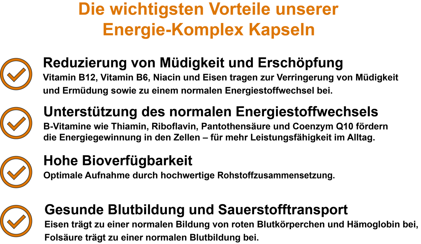 Energie-Komplex / Mit allen 8 B-Vitaminen, Magnesium, Eisen und Coenzym Q10 (30, 60, 2x60, 3x60 Vegane Kapseln)