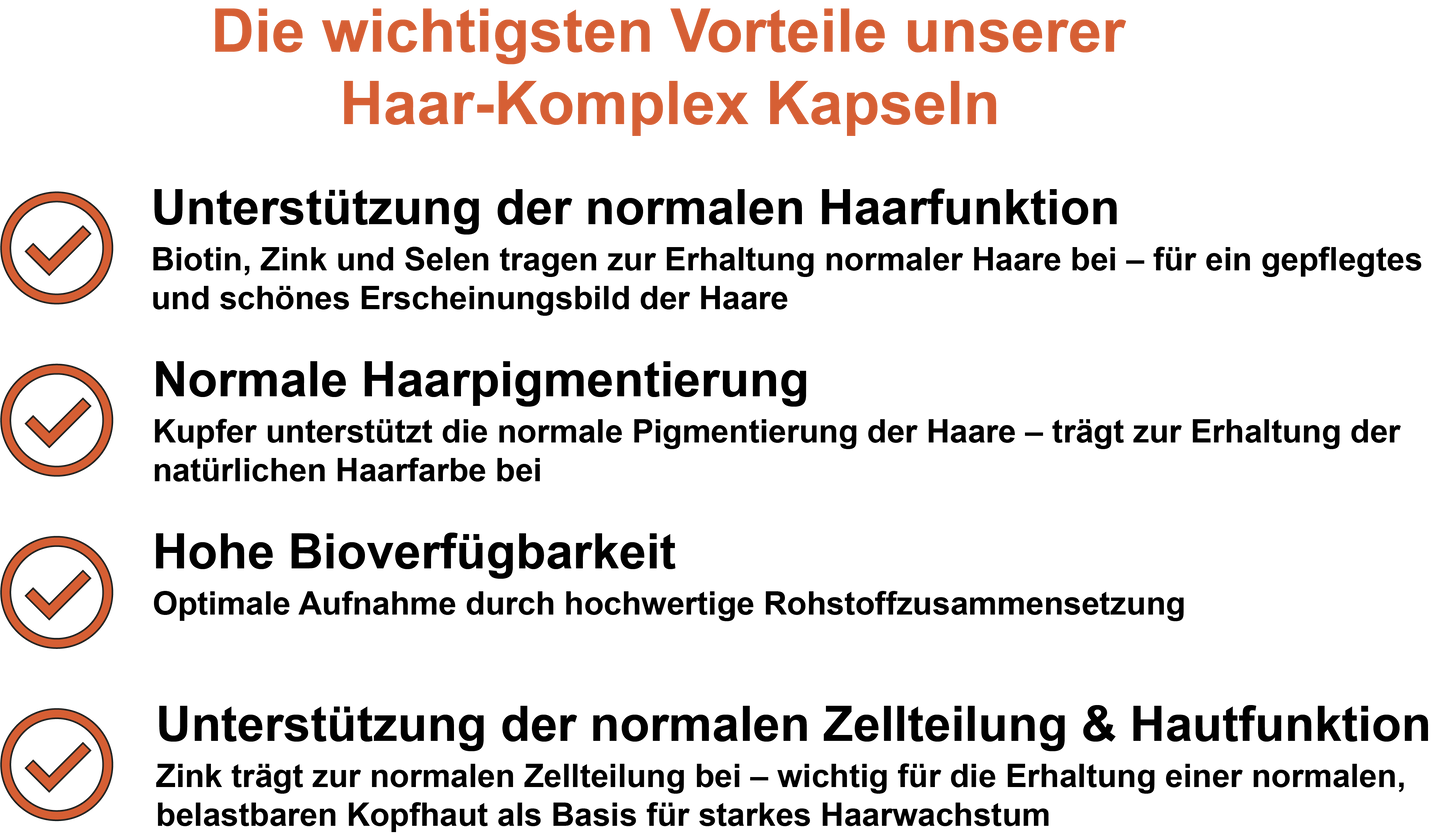 Haar-Komplex / Mit Kupfer, Zink, Selen und Biotin (Vitamin B7) (30, 60, 2x60, 3x60 Vegane Kapseln)
