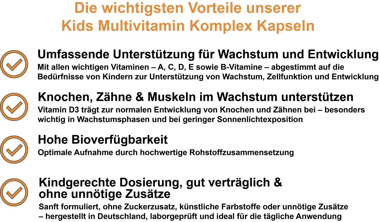 Kids Multivitamin Komplex / Mit Vitamin A, Vitamin D3, Vitamin E, Vitamin C und B-Vitaminen (30, 60, 2x60, 3x60 Vegane Kapseln)