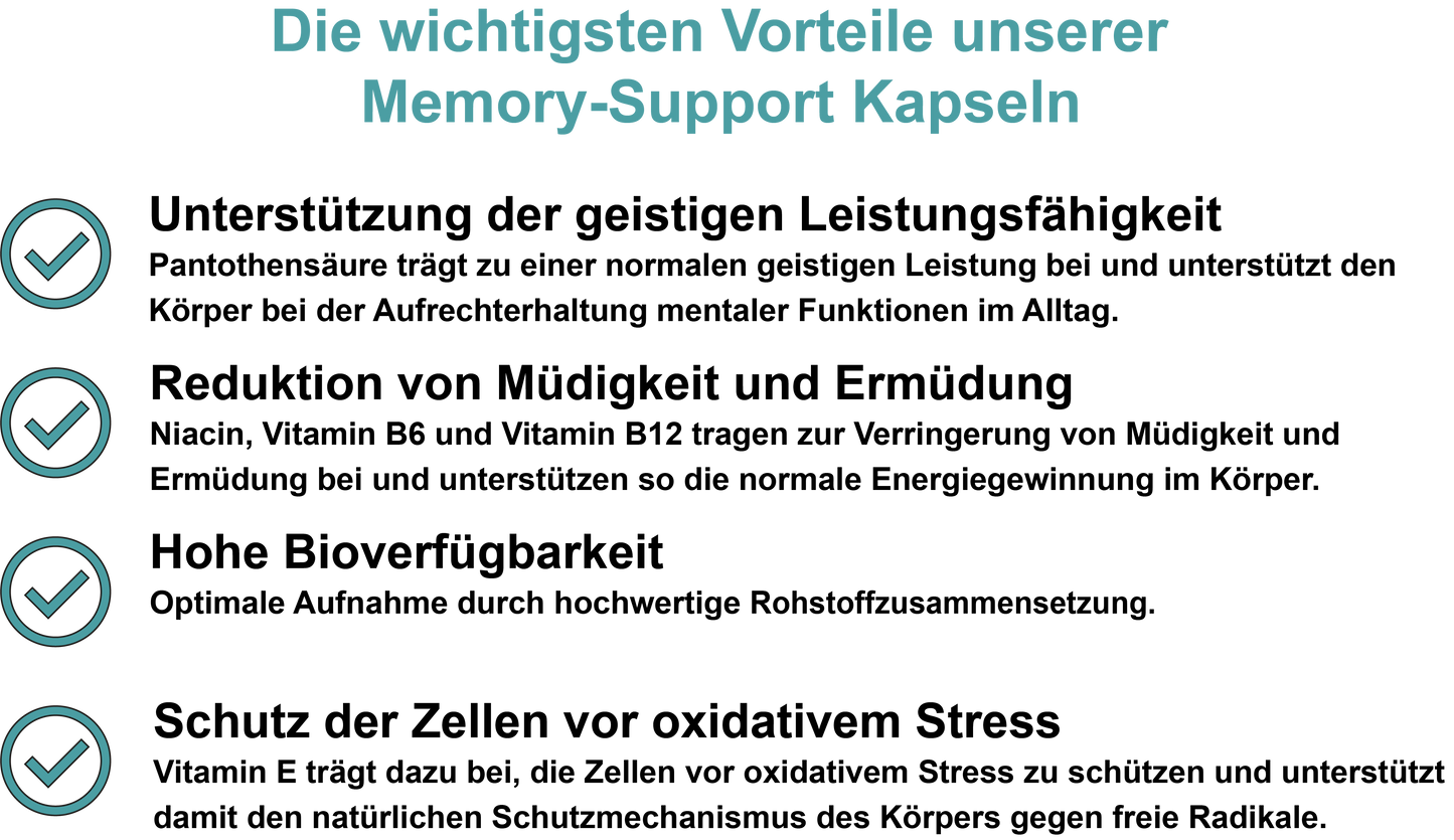 Memory-Support / Mit allen 8 B-Vitaminen, Vitamin E und Jod (30, 60, 2x60, 3x60 Vegane Kapseln)