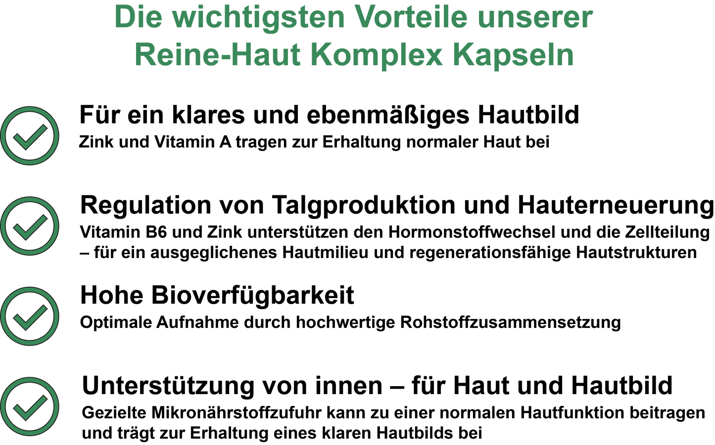 Reine-Haut Komplex / Mit Vitamin A, Vitamin B2 (Riboflavin), Vitamin B6, Zink und Selen (30, 60, 2x60, 3x60 Vegane Kapseln)