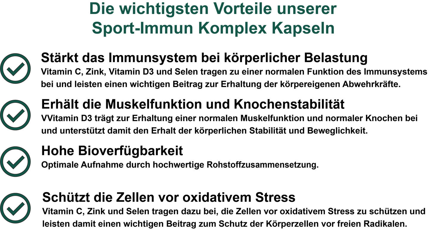 Sport-Immun Komplex / Mit Magnesium, Vitamin C, Zink, Vitamin D3 und Selen (30, 60, 2x60, 3x60 Vegane Kapseln)