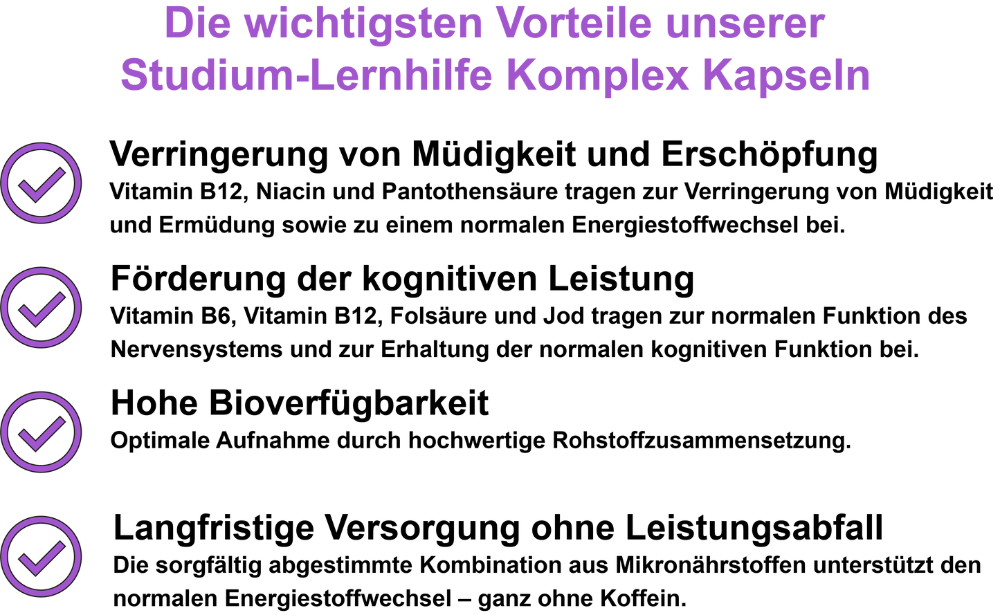 Studium-Lernhilfe Komplex / Mit allen 8 B-Vitaminen, Vitamin C, Jod und Coenzym Q10 (30, 60, 2x60, 3x60 Vegane Kapseln)