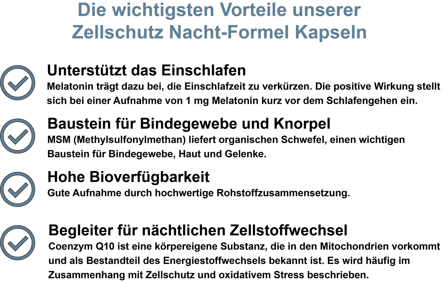 Zellschutz Nacht-Formel / Mit Melatonin, MSM, Coenzym Q10 und Vitamin C (30, 60, 2x60, 3x60 Vegane Kapseln)